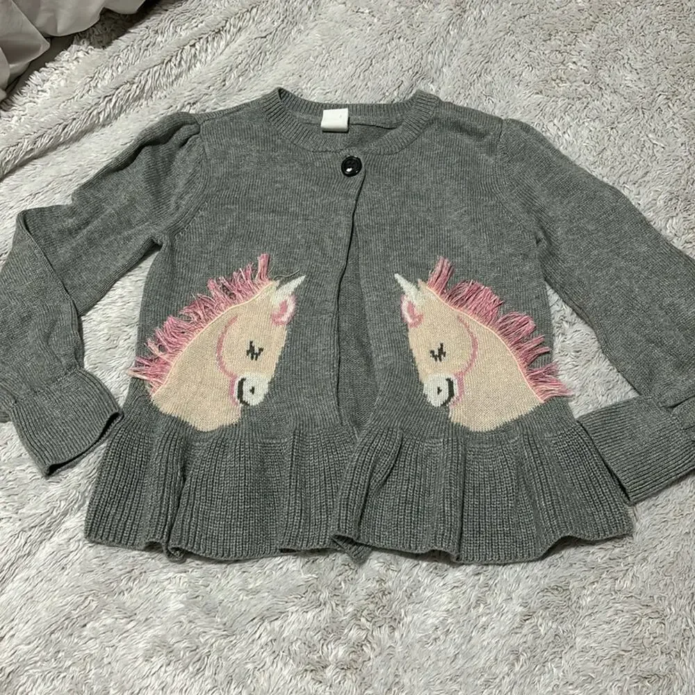 Baby Gap 5 grey one button open front horse detail 3d mane pink cream euc